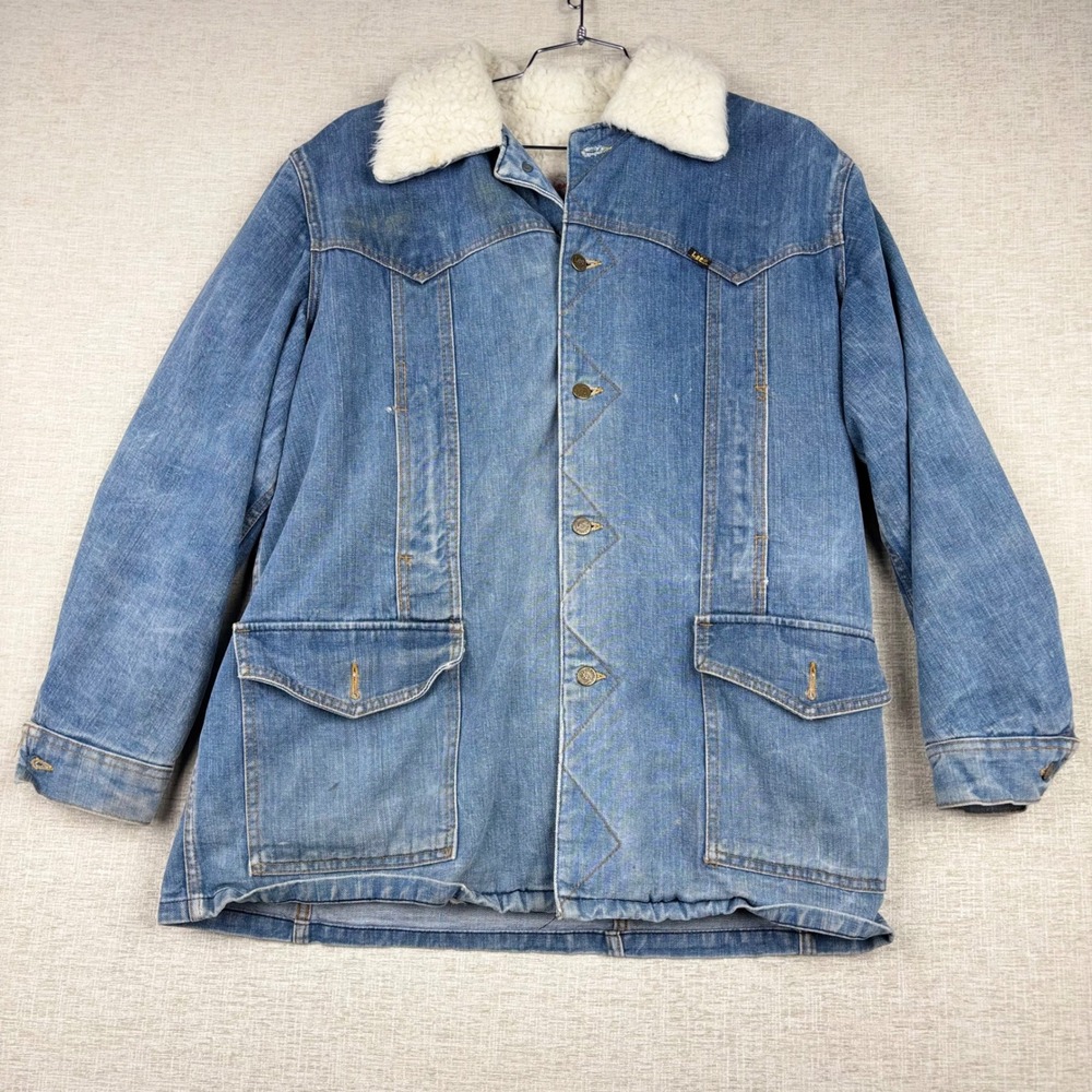 Vintage Lee Storm Rider Denim Jacket Mens Large Blue Sherpa Lined Made in USA